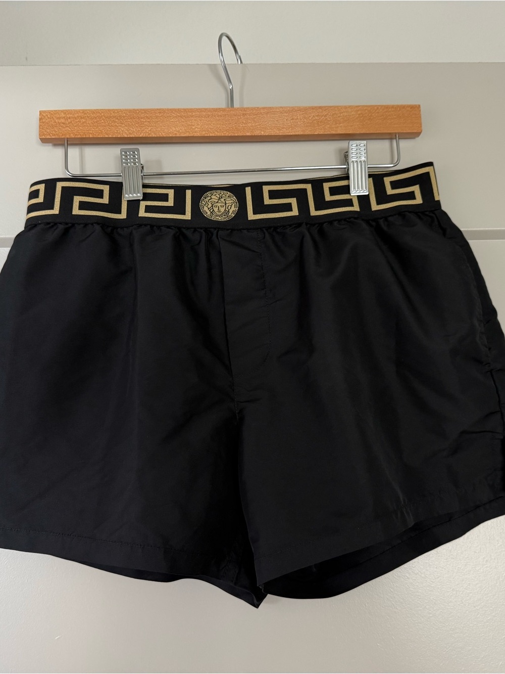 Versace Black Shorts with Gold Greca Waistband